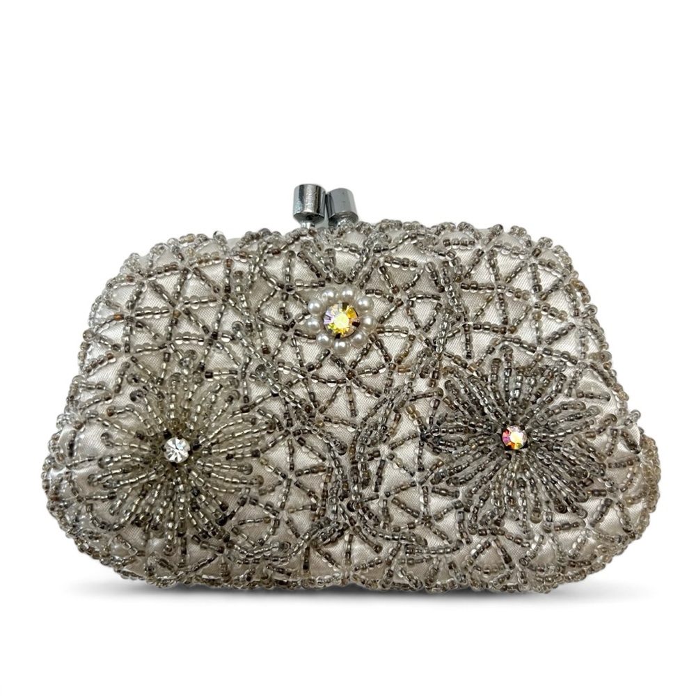 Vintage Delill Silver Gray AB Rhinestone Ornate Beaded Kiss Lock Coin Purse